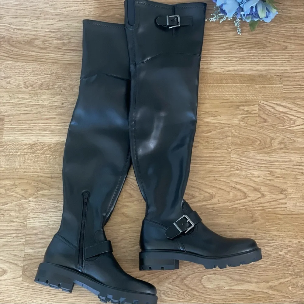 NWOT Nine West Nans Faux Leather Over-The-Knee OTK Pull-On Lug Sole Boot 7.5